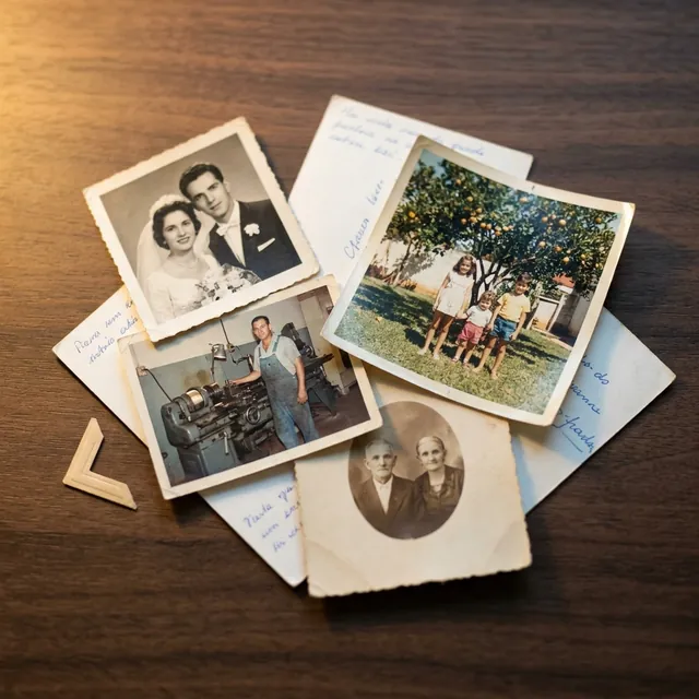 Fotografias antigas de família espalhadas sobre uma mesa de madeira, com luz de fim
              de tarde.